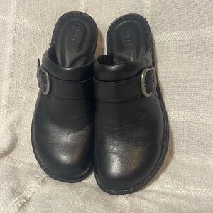 Born Black Leather Buckle Clogs